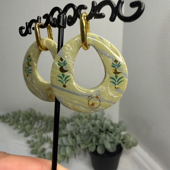 Handmade dangly  Green and Gold Hoop Earrings - Picture 3 of 5